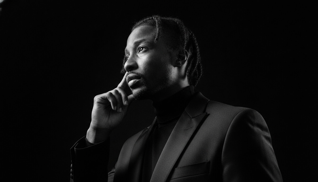 Reko Denim in black tailoring, low-key portrait